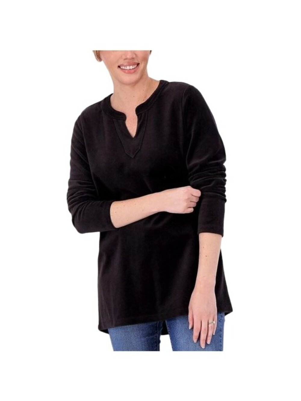 Denim and Co Tunic Size XXS Regular Velour Split Banded V Neck Hi Low Black NEW